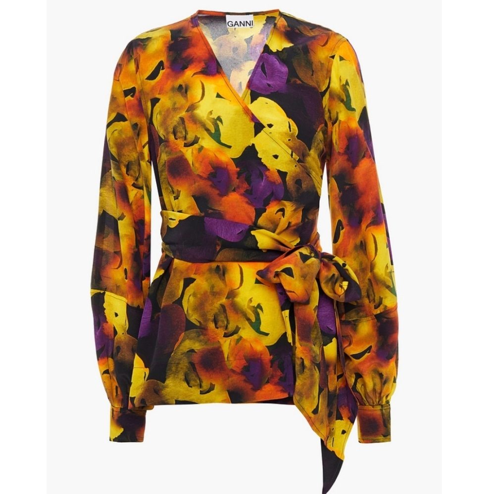Ganni Vibrant Floral Wrap Blouse - Yellow and Purple